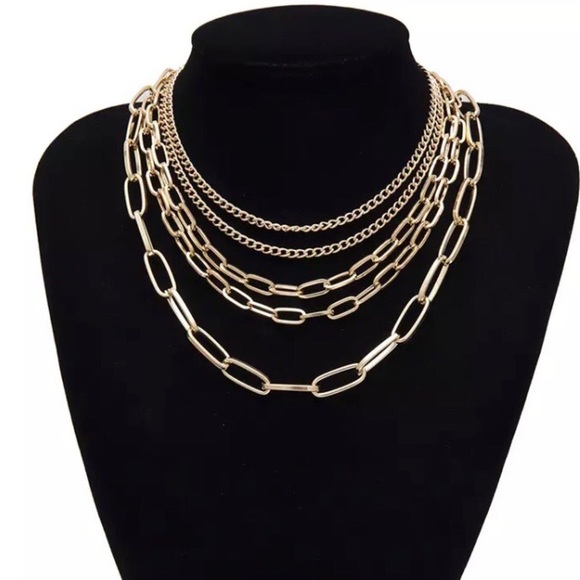 ¥ Multi Layered Gold Chain Punk Choker Necklace - Picture 2 of 5